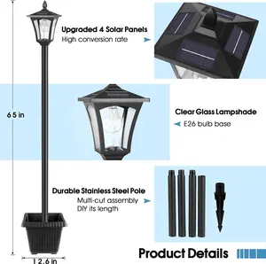 Solar Lamp Post Light with Planter, Glass 60 Lumens Solar Garden Lights Outdoor Waterproof Solar Pole Lights Patio Decor, Warm White