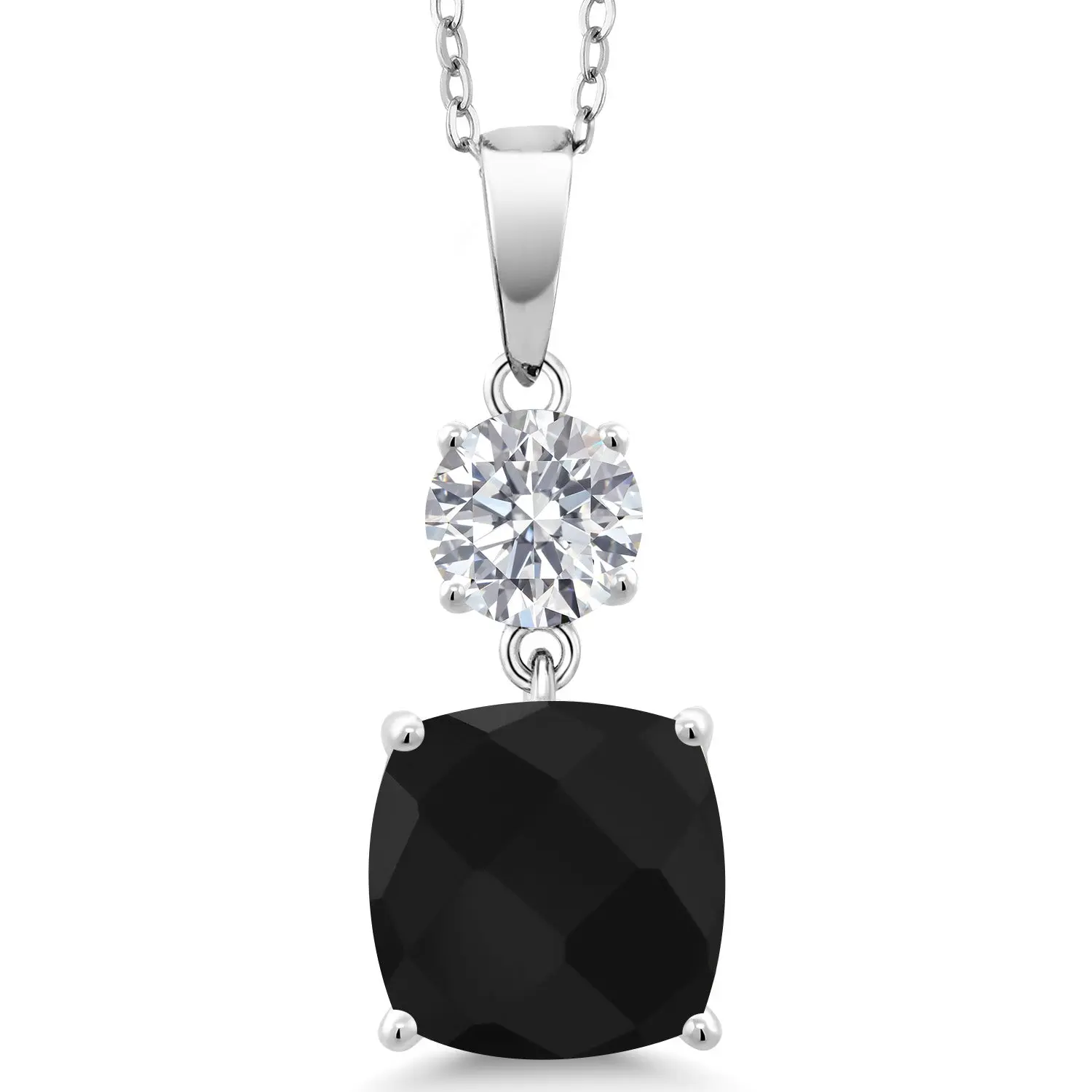 925 Sterling Silver Black Onyx and Lab Grown Diamond Pendant for Women | 4.54 Cttw | Gemstone December Birthstone | Cushion Checkerboard 10MM