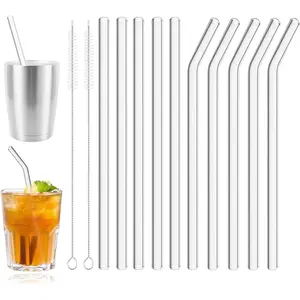 10 Pack  Glass Straws, 7'' x 8mm Clear Short Glass Straws Shatter Resistant Set of 5 Straight & 5 Bent Drinking Straw with 2 Cleaning Brushes for Milk, Coffee, Juice, ,