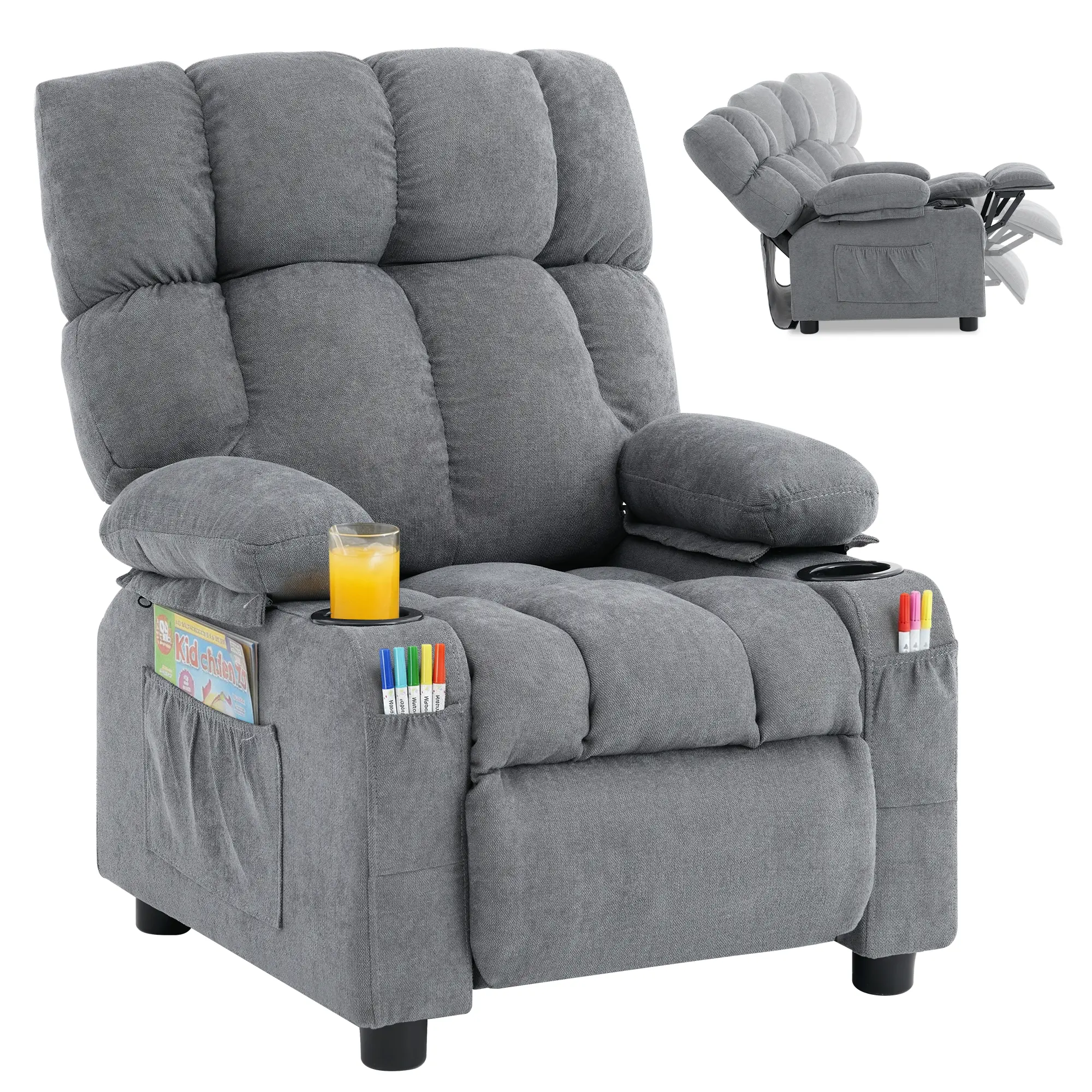 JONPONY Kids Recliner Chair, Push Back Toddler Recliner with Cup Holders & Side Pockets，Adjustable Footrest & Headrest Kids Sofa for Boys Girls 3+ Age Group, Children's Bedroom Furniture