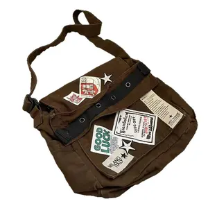 Brown Distressed Canvas Courier Bag, Good Luck Milano Italy Sticker Patch Y2K Grunge Crossbody Purse