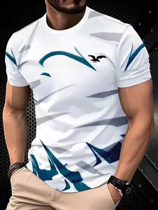 Men's Breathable Casual T-Shirt with Eagle Pattern, Lightweight Polyester, Round Neck, Outdoor Activity Wear, Sporty Design