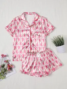 Women's Full Print Top and Shorts Sleepwear Set, Cute Loungewear, Comfortable Homeewear, Casual Fitted Style, Spring & Fall Season, Cartoon Pattern