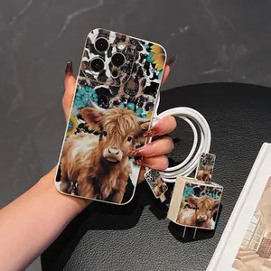 Cute Cow Pattern Phone Case with Charger Head Saver & Cable Protector & Storage Rope, Anti-drop Cellphone Protective Case, Total Protective Shockproof Mobile Phone Cover for iPhone, Casing