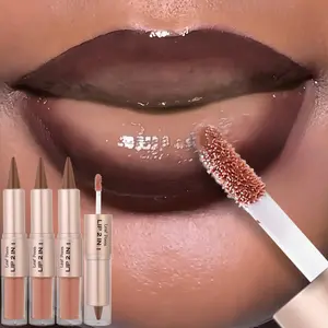 3 PCS SET Double-Ended Lip Gloss with Matte Lip Line and Mirror Finish - Shine, Moisturizing, All Light Beige Types, Perfect Gift for Women, Daily Makeup, Sophisticated Design, Highquality Finish