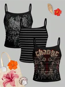3-piece set of girls' Y2K style camisoles, featuring winged cross and striped print with thin shoulder straps and pleated vests. These are simple, casual, and cute tops, perfect for summer wear and everyday outfits, making them versatile for any occasion