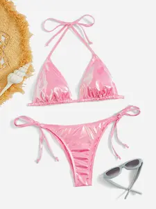 Solid Metallic Halter Triangle Tie Side Summer Beach Bikini Set