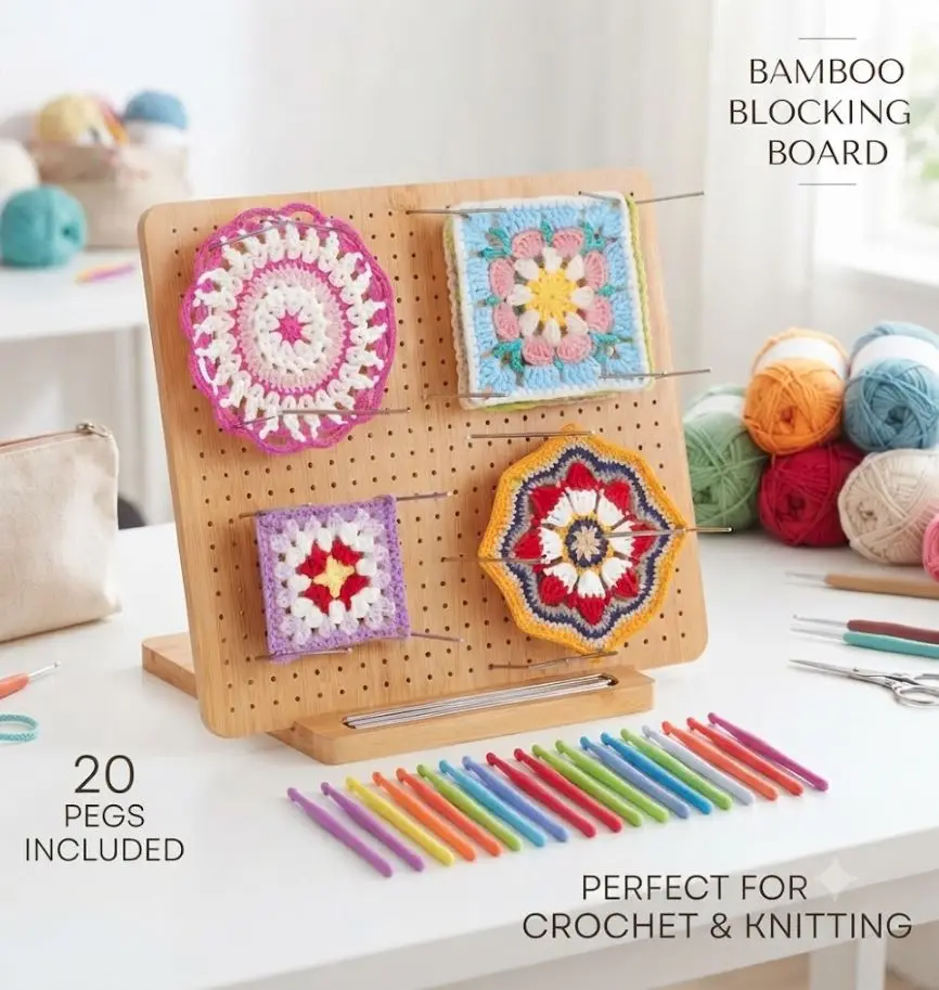 12-Inch Bamboo Crochet Blocking Board with 20-Peg System, Granny Square Blocking Mat for Crochet Craft & Knitting Projects, Wooden Yarn Tool for Handmade DIY Accessories, Gift for Crocheters
