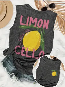 Women's Lemon Print Round Neck Tank Top, Sleeveless Tank Tops, Graphic Tank Top, Casual Sleeveless Crew Neck Top for All Seasons, Ladies Clothes for Daily Wear, Socks
