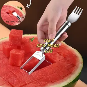 【Buy 1 get 1 free】Watermelon Fork Slicer,Watermelon Slicer,Watermelon Cutter Tool, 2-in-1 Stainless Steel Fruit Cutter, Dual Head Fruit Forks Slicer Knife with Round Handle,Easy Fruit Cutting tool,Kitchen Utensils