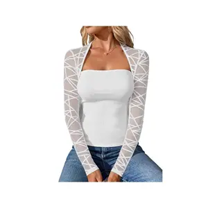 Long-Sleeve Pullover T-Shirt for Women with a Sexy  Square Neckline And Patchwork Design