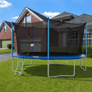 [Christmas Gift]Mersco 14ft Outdoor Trampoline for Kids & Adults with Basketball Hoop, Enclosure Net, Ladder, Easy Assemble, 1320 lbs Load, Blue