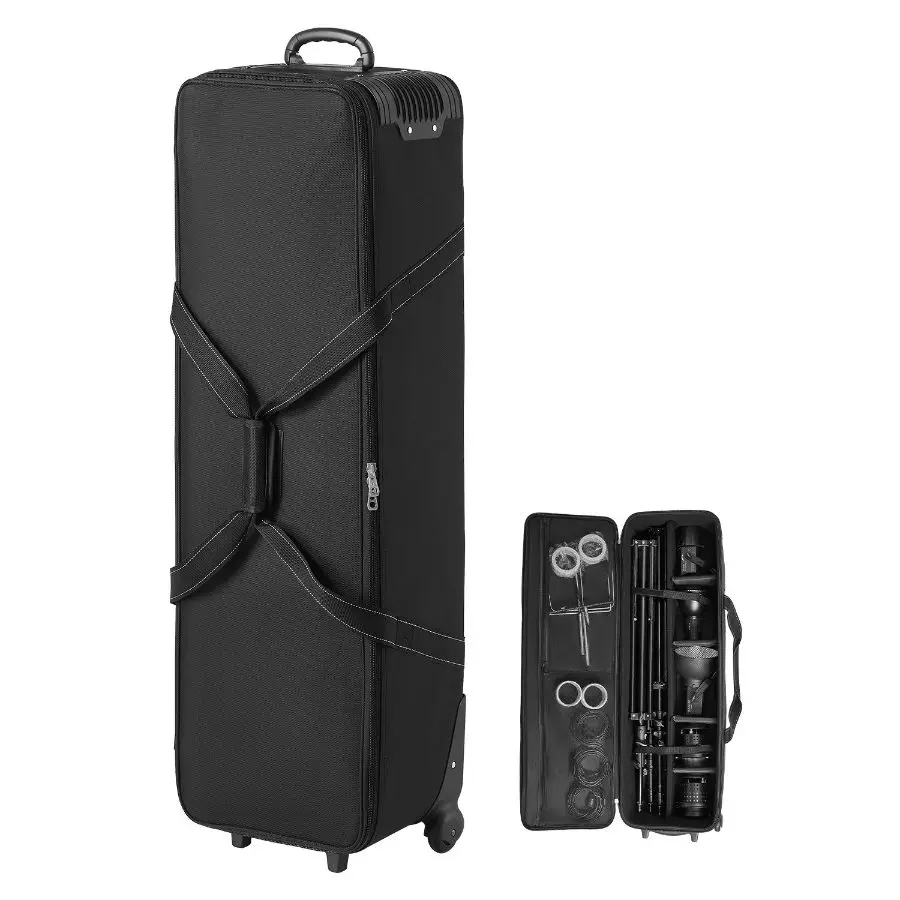 【Summerfinds】 Studio Equipment Rolling Trolley Case for Tech Accessories - 46.46x14.57x11.81in/118x37x30cm, Padded Compartment, Padded Handle, Rolling Wheels, Straps, Carrying Bag for Light Stands, Tripodsdealsforyoudays