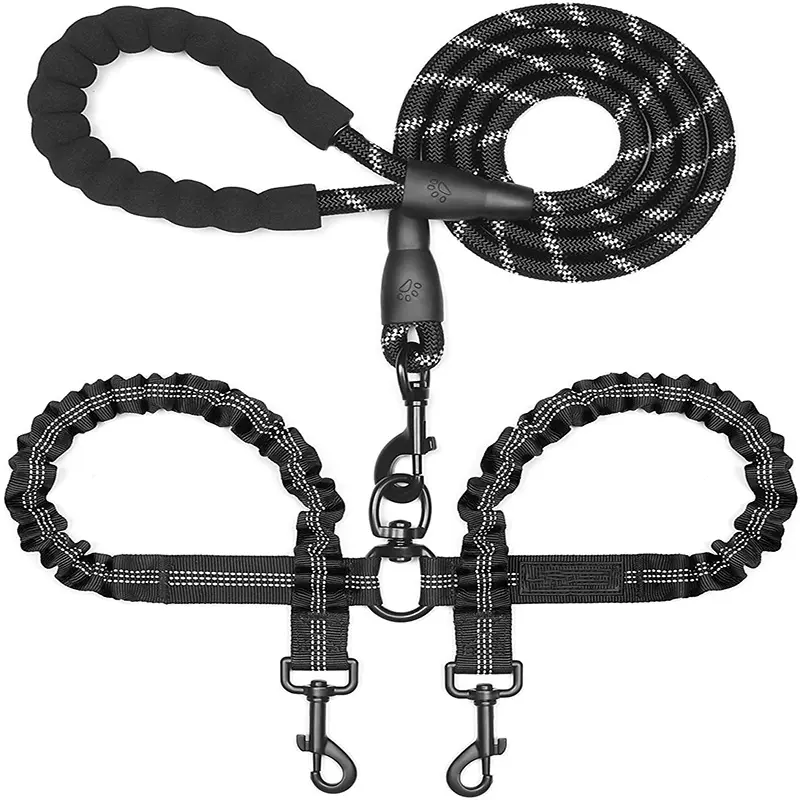 Black Polyester Double Dog Lead - Adjustable, 360-Swivel Leash, Tangle-Free, Shock-Absorbing Bungee, Reflective Stitching, Padded Comfort Handle, Durable Design for Pet Travel Safety, Double-Lead