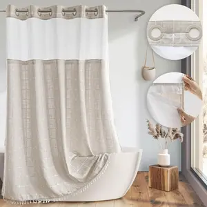 Farmhouse Linen Textured Shower Curtain with Snap-in Liner Set No Hooks Needed with Tassels for Rustic Bathroom Decor with Window 71Wx74H
