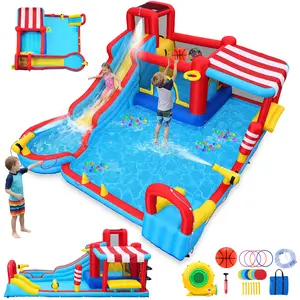 Whubefy Inflatable Bounce House, All-in-One Water Slide Play Park, Wet & Dry Use, Giant Jumping Area, Climbing Wall, Water Guns, Boxing Bag, Ring Toss Games, Included Air Blower, Outdoor Fun, Perfect Birthday Party Gift for Kids