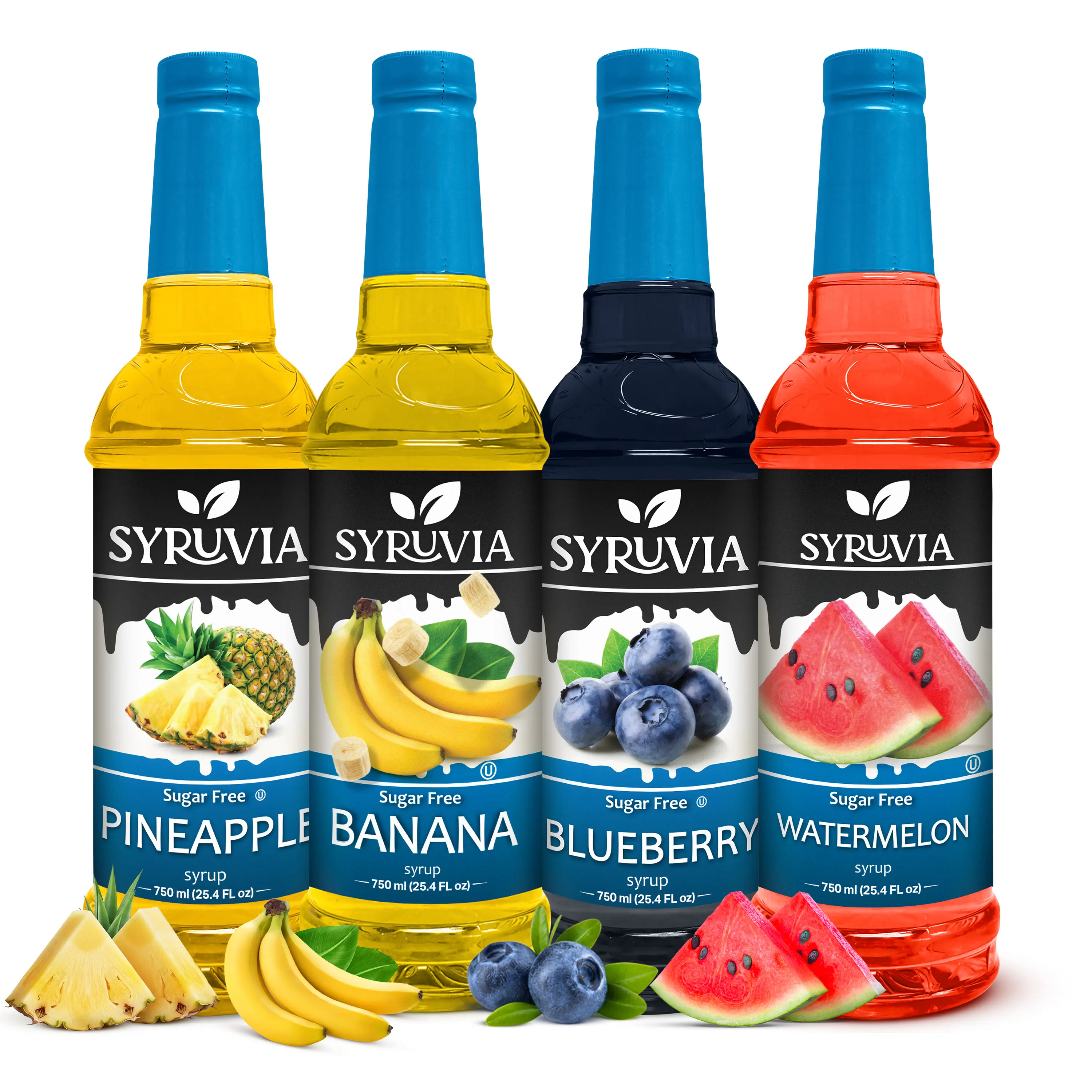 Syruvia Sugar-Free Flavor Syrups & Concentrates Variety Pack - Pineapple, Banana, Blueberry, Watermelon - Gluten-Free, Kosher, 25.4 fl oz Plastic Bottles - 4-Pack for Refreshing Beverages, Sodas, Cocktails