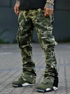 Men's Camo Print Drawstring Waist Cargo Pants, Regular Fit Street Fashion Pocket Split Hem Trousers, Men's Bottoms for All Seasons Daily Wear