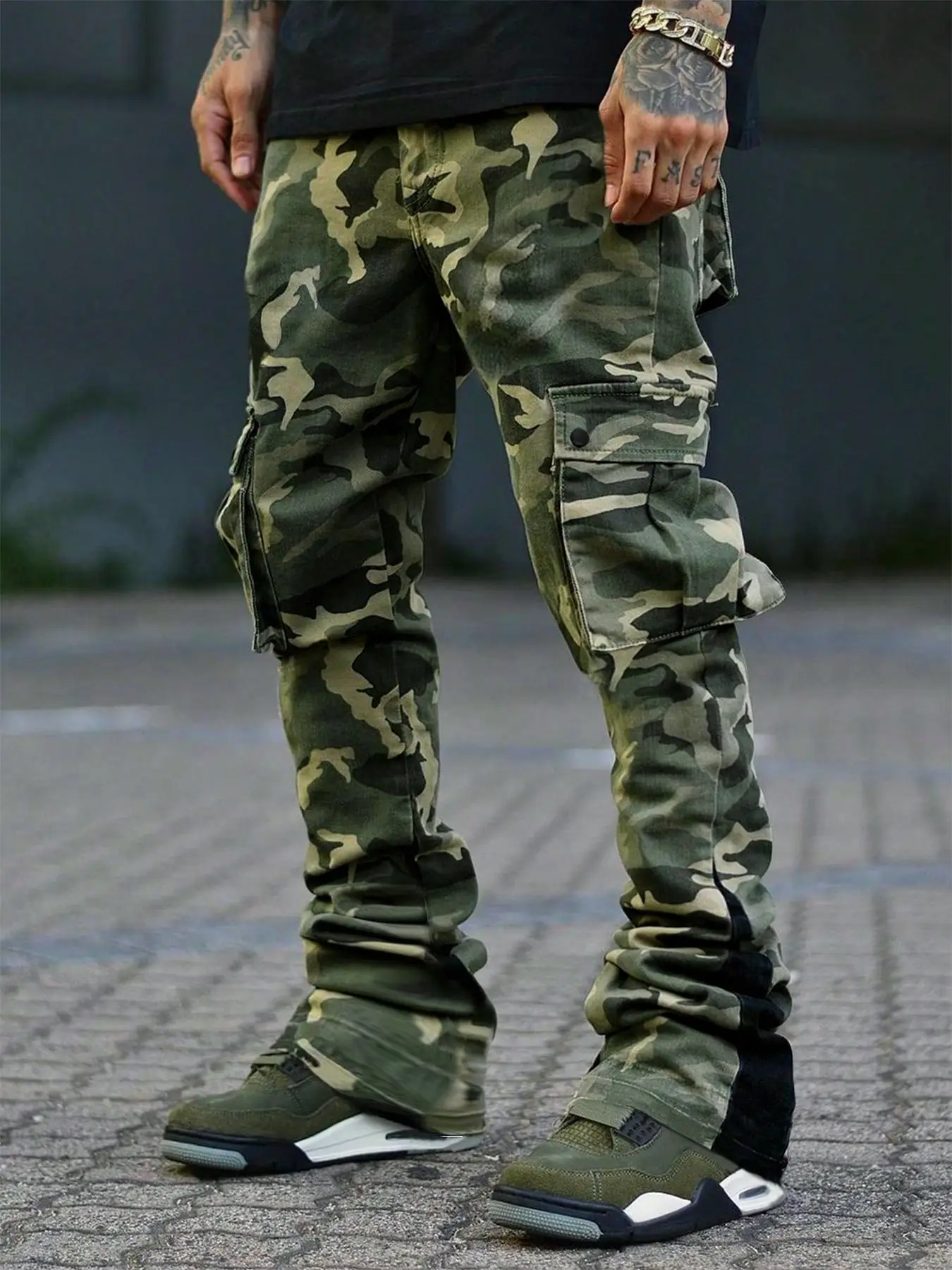 Men's Camo Print Drawstring Waist Cargo Pants, Regular Fit Street Fashion Pocket Split Hem Trousers, Men's Bottoms for All Seasons Daily Wear