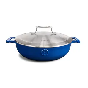 Saveur Selects Voyage Series 4.5qt Enameled Cast Iron Braiser with Stainless Steel Lid - Classic Blue: Rust-Resistant Casseroles Dish