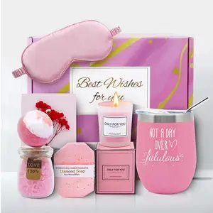 Luxury Pink Rose Spa Gift Basket with Flannel Blanket, 8Pcs Self Care Relaxation Kit Including Silk Eye Mask & Scented Candles, Thoughtful Gift for Mom Wife Grandma Sister on Birthday Mothers Day