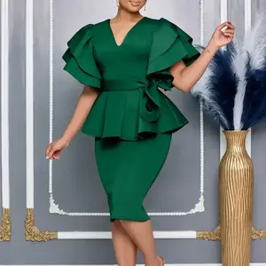 summer spring clothes The New Fashion Temperament Elegant Ruffled Solid Color Draped Hip Party Dress African Dress