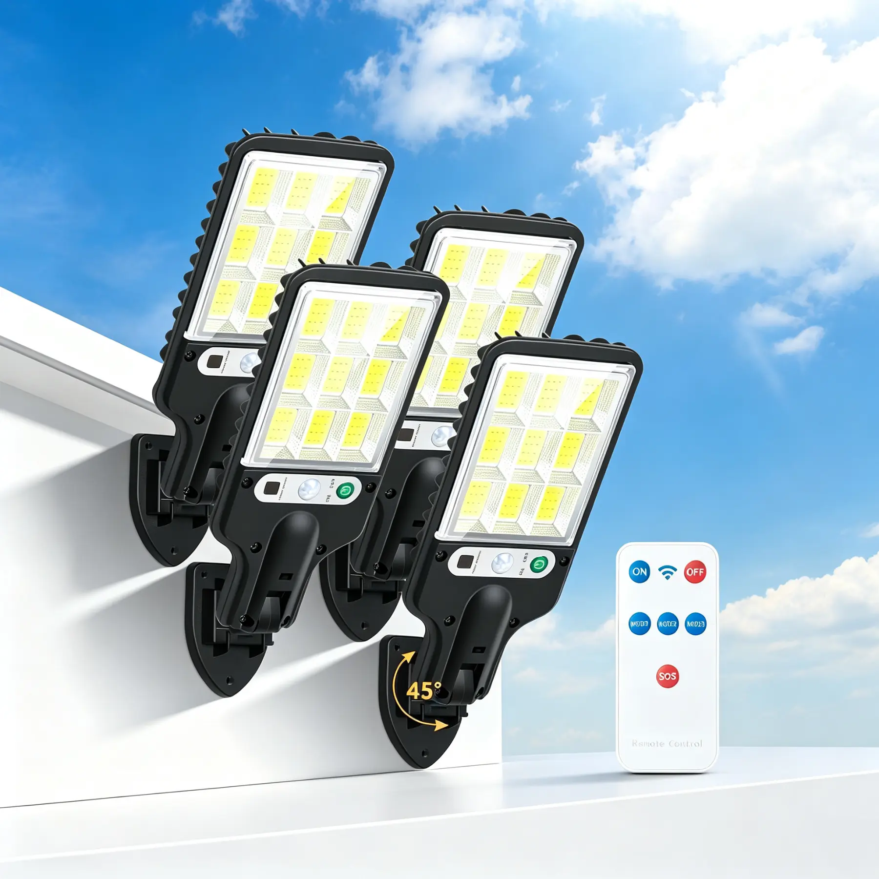 Outdoor Solar Street Light – 108-LED Motion-Sensing Solar Light Dusk-to-Dawn Auto On/Off & Remote Control, 6500K Adjustable Floodlight, IP65 Waterproof, for Courtyards, Walls, Porches (Pack of 2 /4)