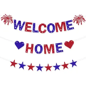 Pre-Strung Welcome Home Banner, Patriotic Welcome Home Decorations for Military Army Returning Homecoming Party, Red Blue