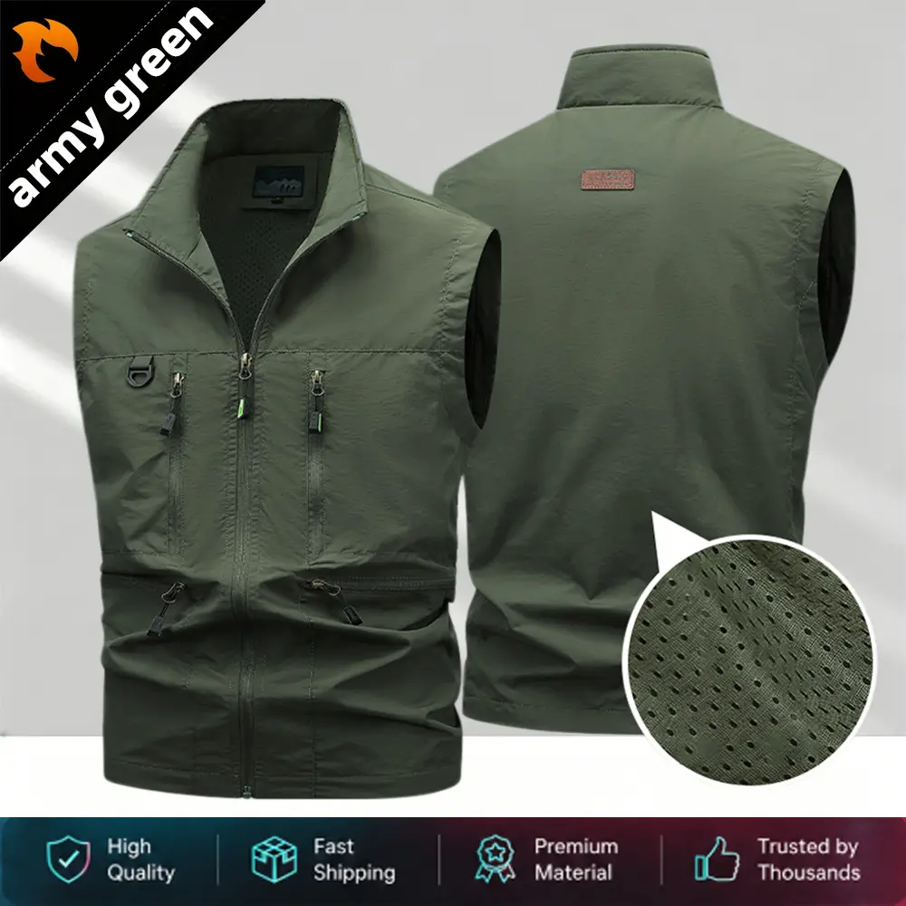 Men’s tactical work vest for summer—breathable outdoor wear for fishing, hiking, camping, and travel; multi-pocket sleeveless sports jacket