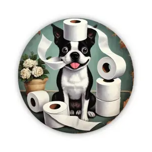 8" Round Boston Terrier Aluminum Sign Humorous Bathroom Decor Toilet