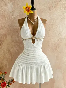 Women's Summer Embroidered Halter Neck Shell Ribbon Ruched Dress, Sexy Beachwear, Vacation, Elegant Sundress