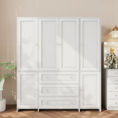 VOWNER 71" Large Armoire Wardrobe Closet with 3 Drawers and Mirror, 6 Doors Tall Armoire Closet Organizer for Bedroom Laundry Room