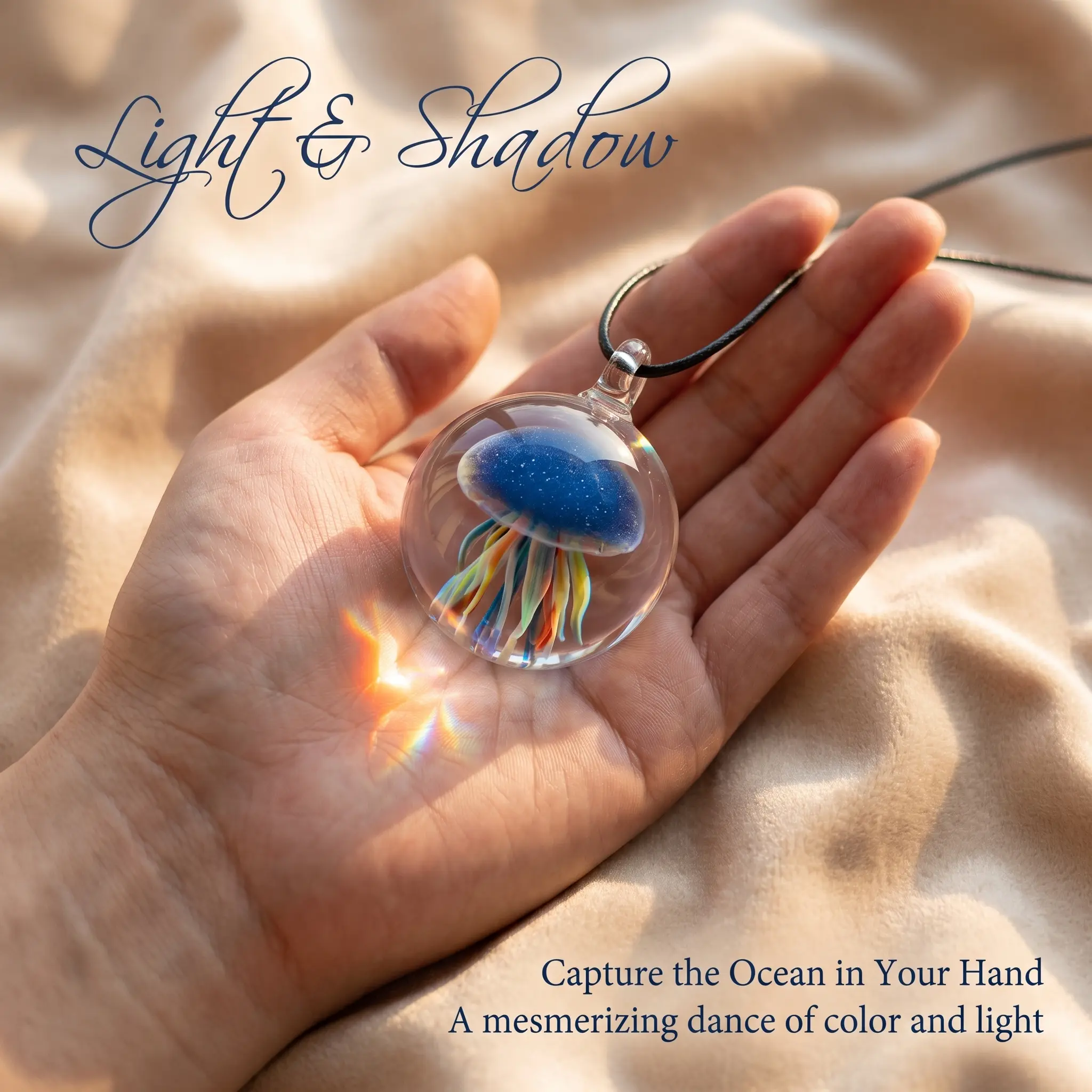 Handmade Jellyfish Pendant Necklace - Hand Blown Glass with Crystal Accents, Ethereal Blush Pink Orb, Unisex Gift for Sea Enthusiasts, Handmade Craft, Gift Ideas, Decorative Necklace, Pendant With Necklace