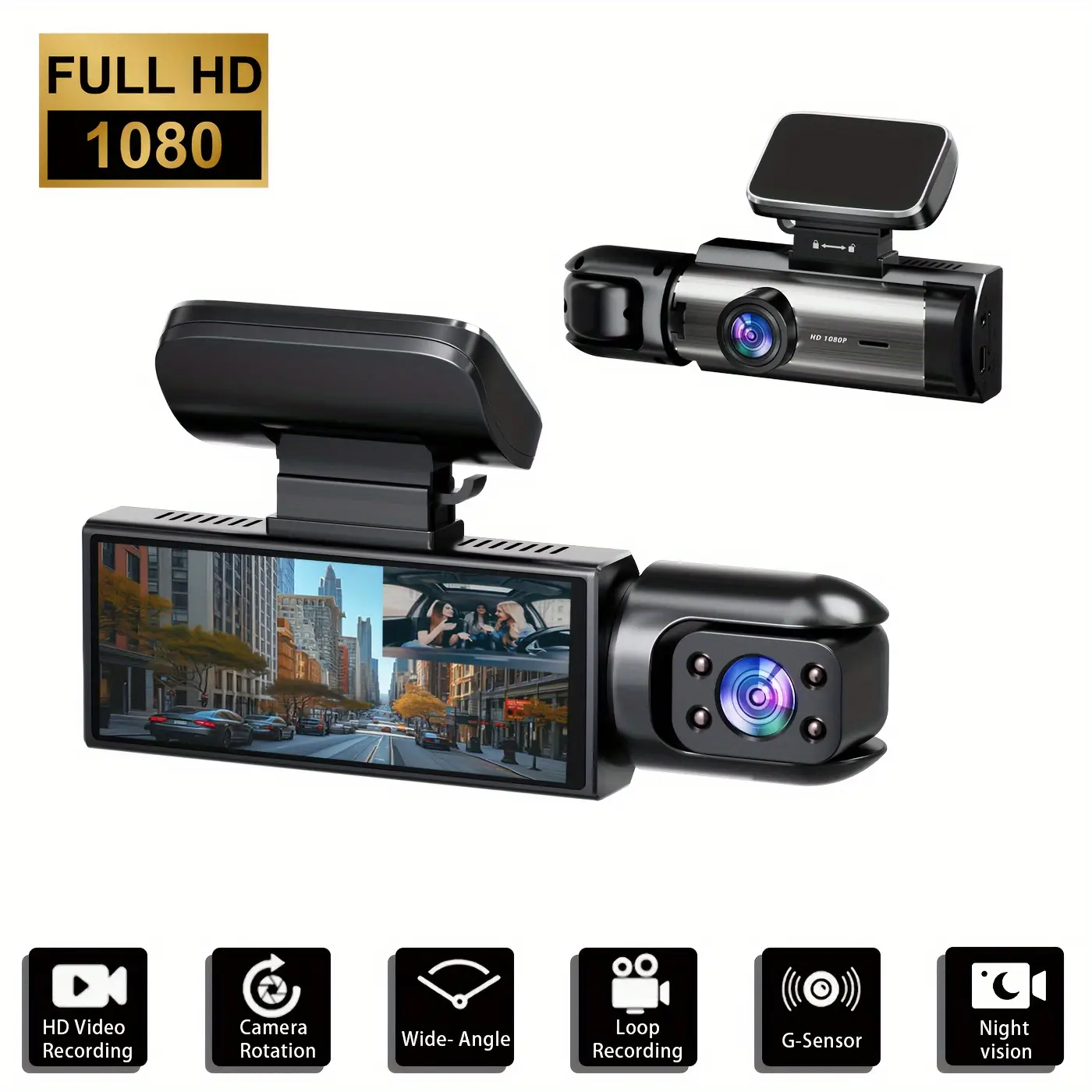 1080P Dual Dash Cam | 3.16 Inch IPS Screen, IR Night Vision, Loop Recording, Wide Angle Lens, Adhesive Mount, Push Button Control, 64G TF Card, Father