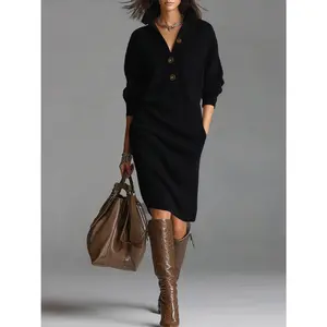 Women's Cable Knit Sweater Dress With V Neck, Casual Drop Shoulder