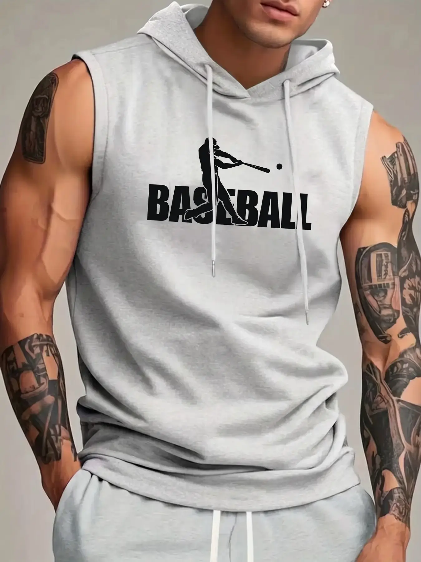 A Hooded Sleeveless Tank Top with a Baseball Print, Perfect for Summer Sports, Gym Workouts, Outdoor Activities, And Casual Wear