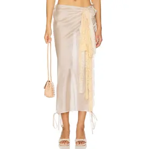 Milkwhite Midi Skirt With Lace Detail in Light Grey