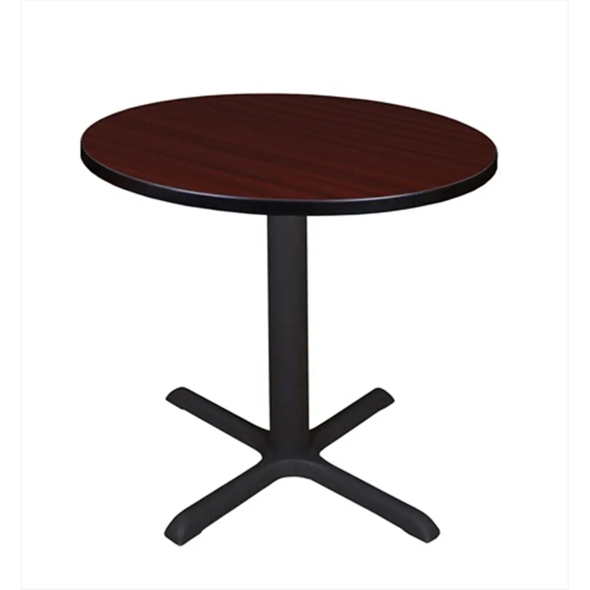 Regency 30 In. Round Mahogany Commercial Office Lunchroom Table - Black Tubular Steel Post, Powder Coated, Stain Protection, Bruise Protection, Adjustable Glide, Lunch Rooms