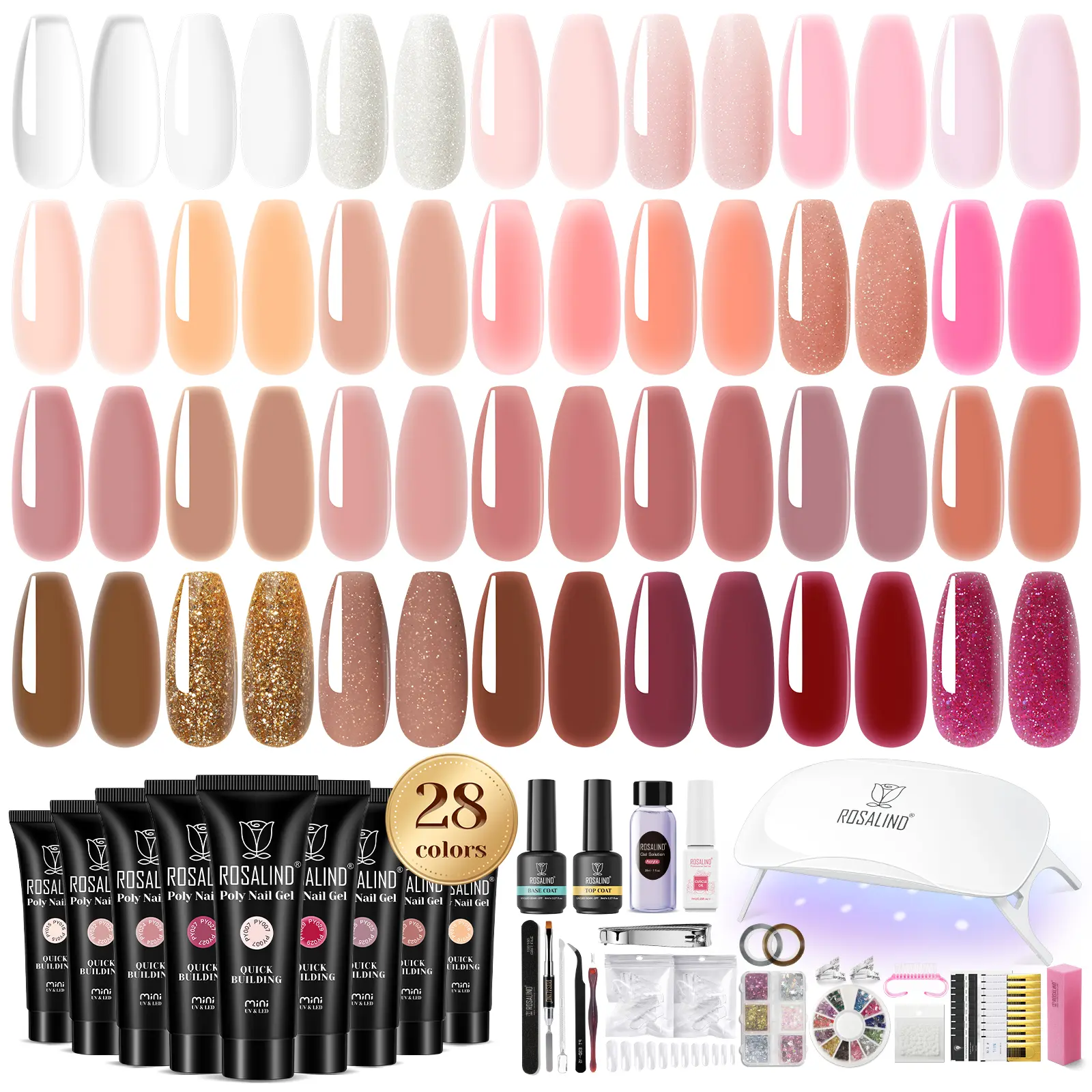 ROSALIND Poly Nail Gel Kit Clear Nude Brown Poly Nail Gel Kit with U V Light Long Lasting Poly Nail Gel Starter Kit For All Seasons Beginner DIY at Home Glitter Manicure