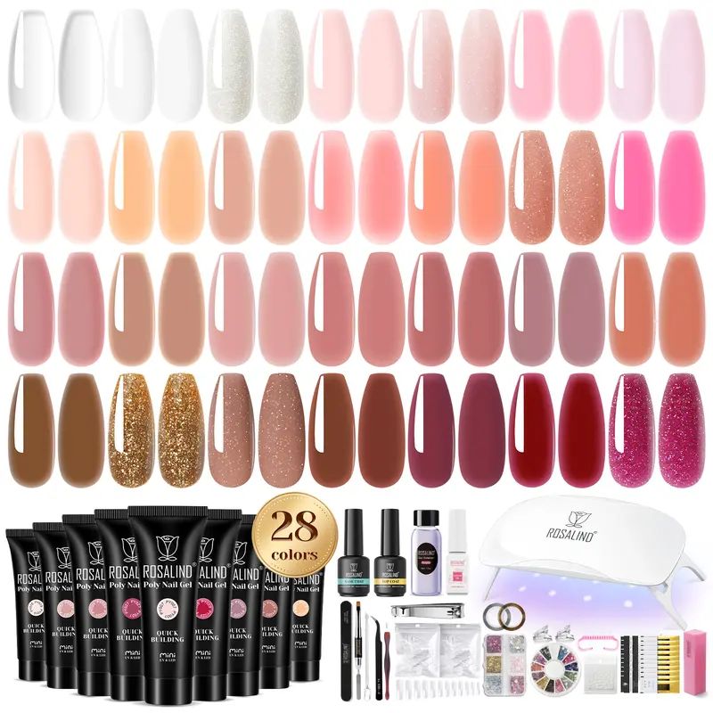 ROSALIND Poly Nail Gel Kit Clear Nude Brown Poly Nail Gel Kit with U V Light Long Lasting Poly Nail Gel Starter Kit For All Seasons Beginner DIY at Home Glitter Manicure