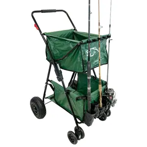 Fishing Cart Wagon - Holds 5 Fishing Poles – LARGE Air Wheels – Cooler Platform – Storage Pouch – Fits in Trunk of Car - Great for Piers, Lakes, Rivers and Beaches Green