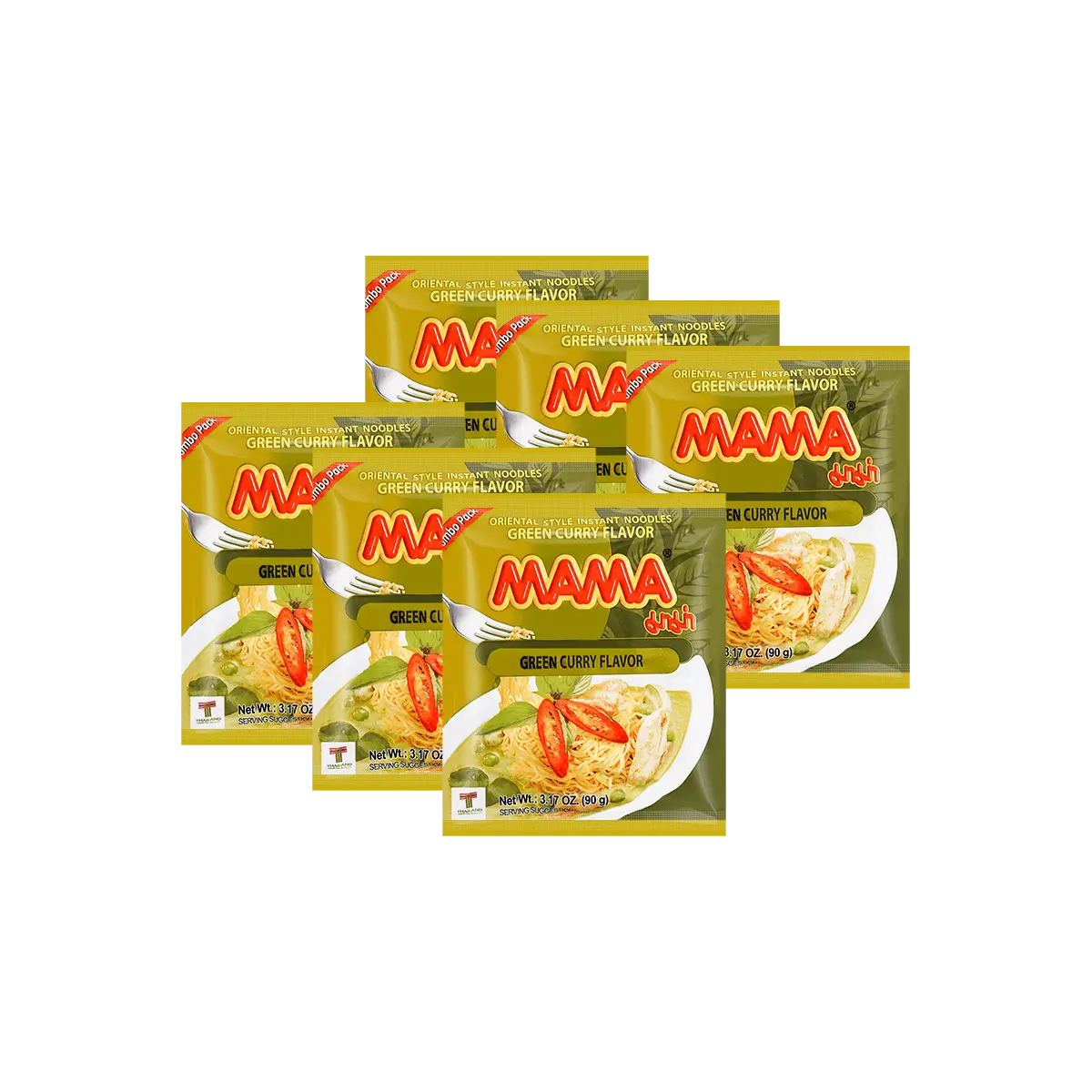 MAMA Super Value 6 Pack Thai Green Curry Chicken Instant Noodles 90g x 6 - Authentic Flavor, Quick Meal