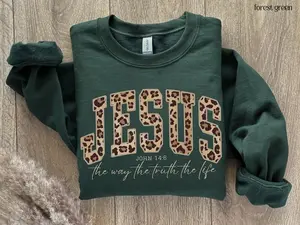 Christian Jesus Leopard Sweatshirt, Cheetah Print Bible Verse Shirt, Trendy Faith Apparel Gift, Jesus Loves You, The Way The Truth The Life	