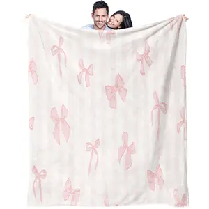 Bow Stripe Pattern Blanket, Lightweight and Warm Flannel Sofa Blanket, Soft Blanket for Bed, Camping and Office