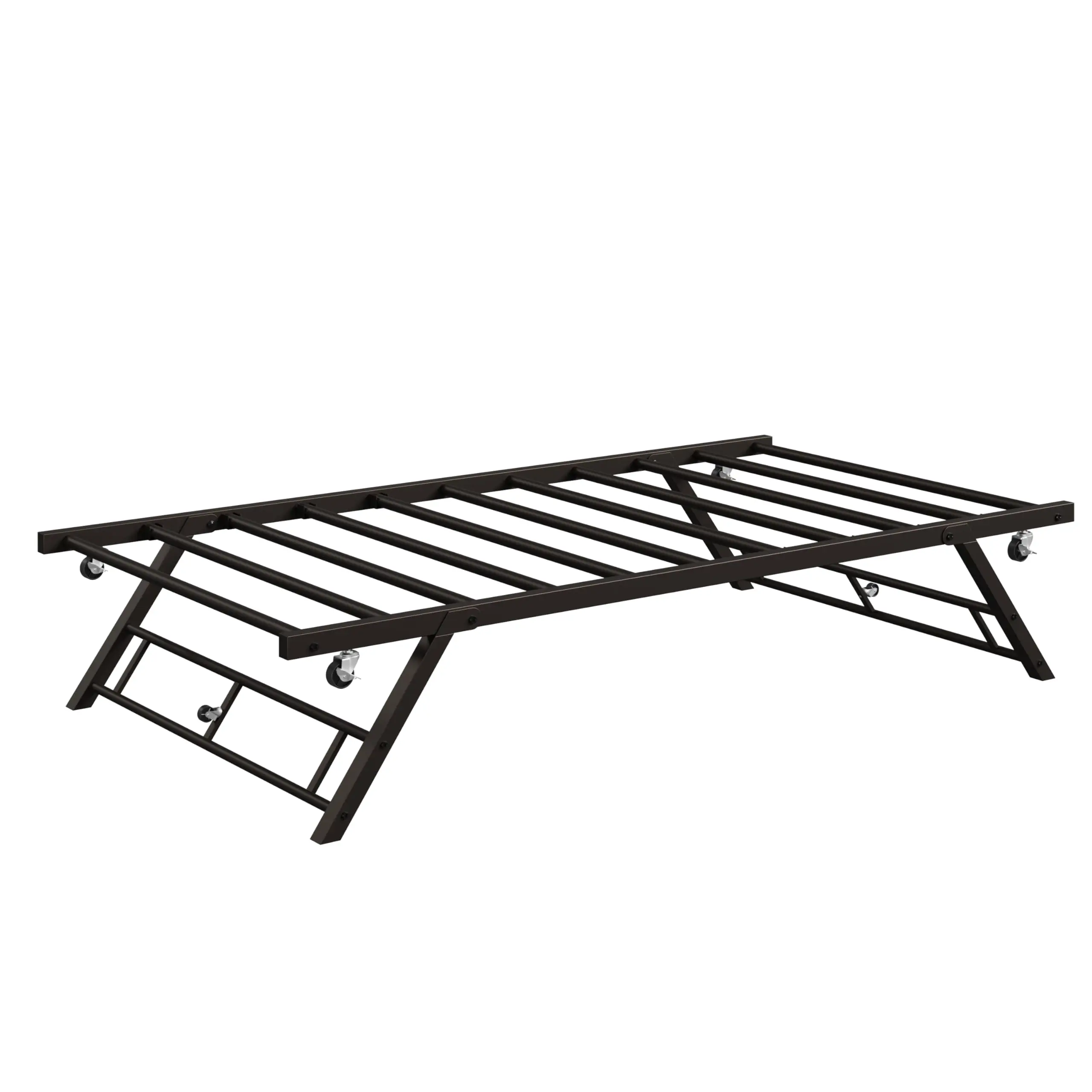 Garvee - Standing Roll Bed, Foldable Roll Bed, Single Roll Bed Frame, Metal Slat Support with Lockable Wheels, Coffee Color