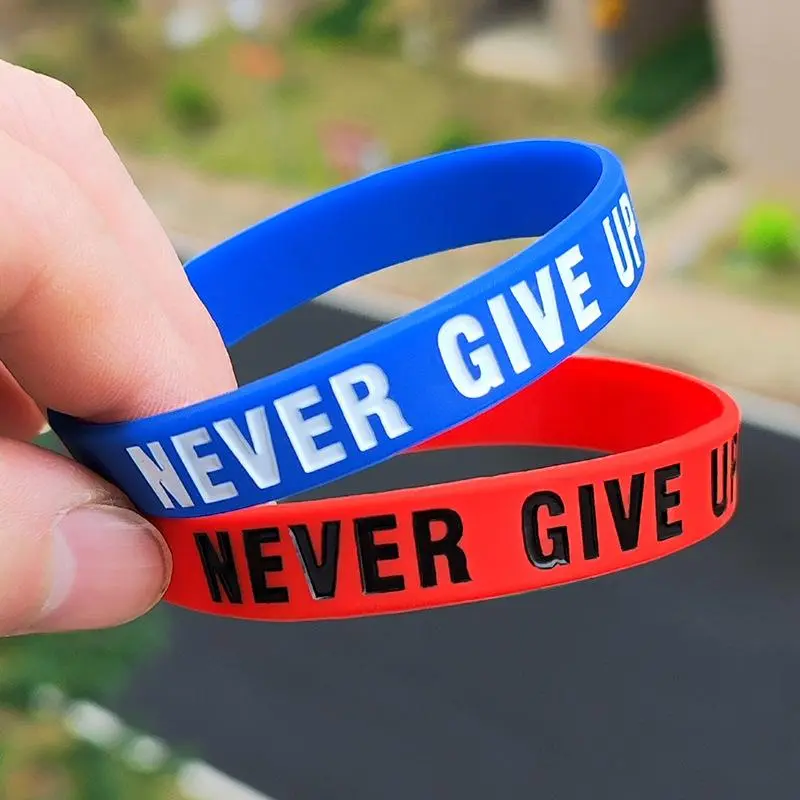 6Pcs Motivational Silicone Wristbands with "Never Give Up" Slogan - Inspirational Jewelry for Teens & Adults, Ideal for School Teams