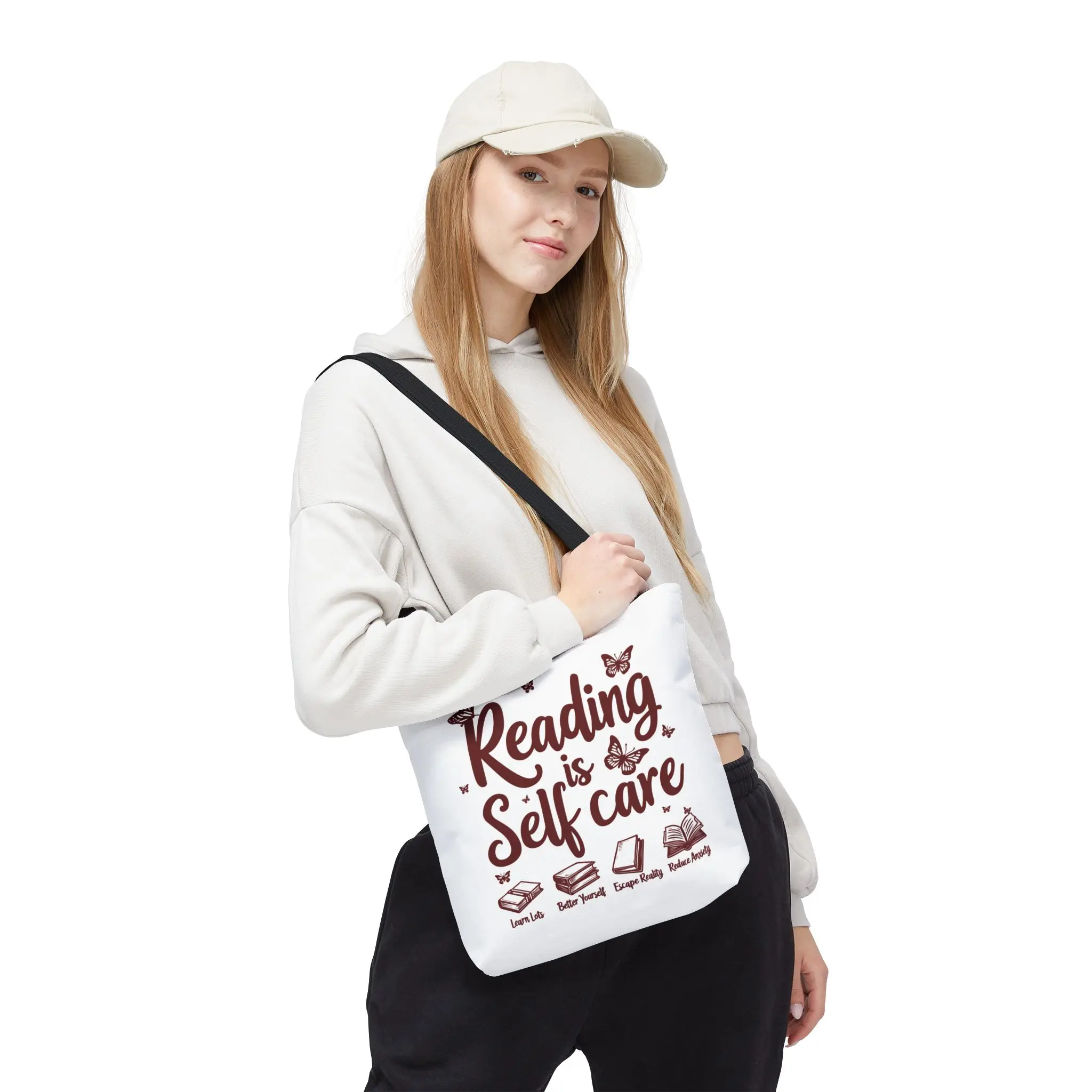Reading Is Self Care Tote Bag, Multi-Size Polyester Book Lover Gift with Boxed Corners for Library Trips, Polyester Body, Quick-Dry Fabric