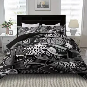 3pcs Graffiti Print Quilt Set, Soft Polyester Fabric, Zipper Design, Modern Style Bedding Essentials, Must-Have Home Decor, Bedding Sets