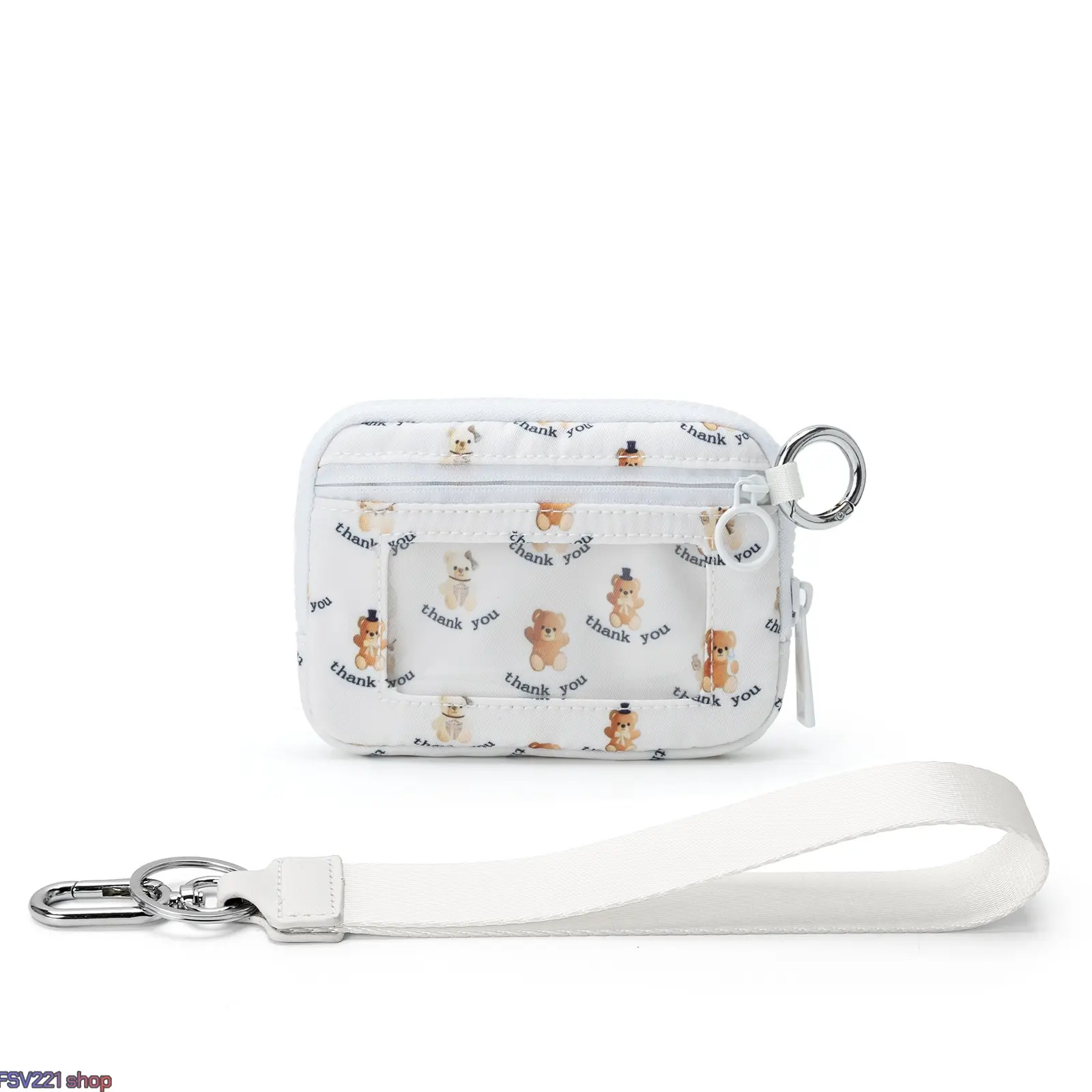 Teddy Bear Print Keychain Wallet, Compact Card Holder with Removable Strap, Key Ring, and ID Window for Outdoor Activities, Keychain Wristlet Wallet, Wristlet Pouch, Zip, Travel Use, Tough Nylon, Wallets campingessentials
