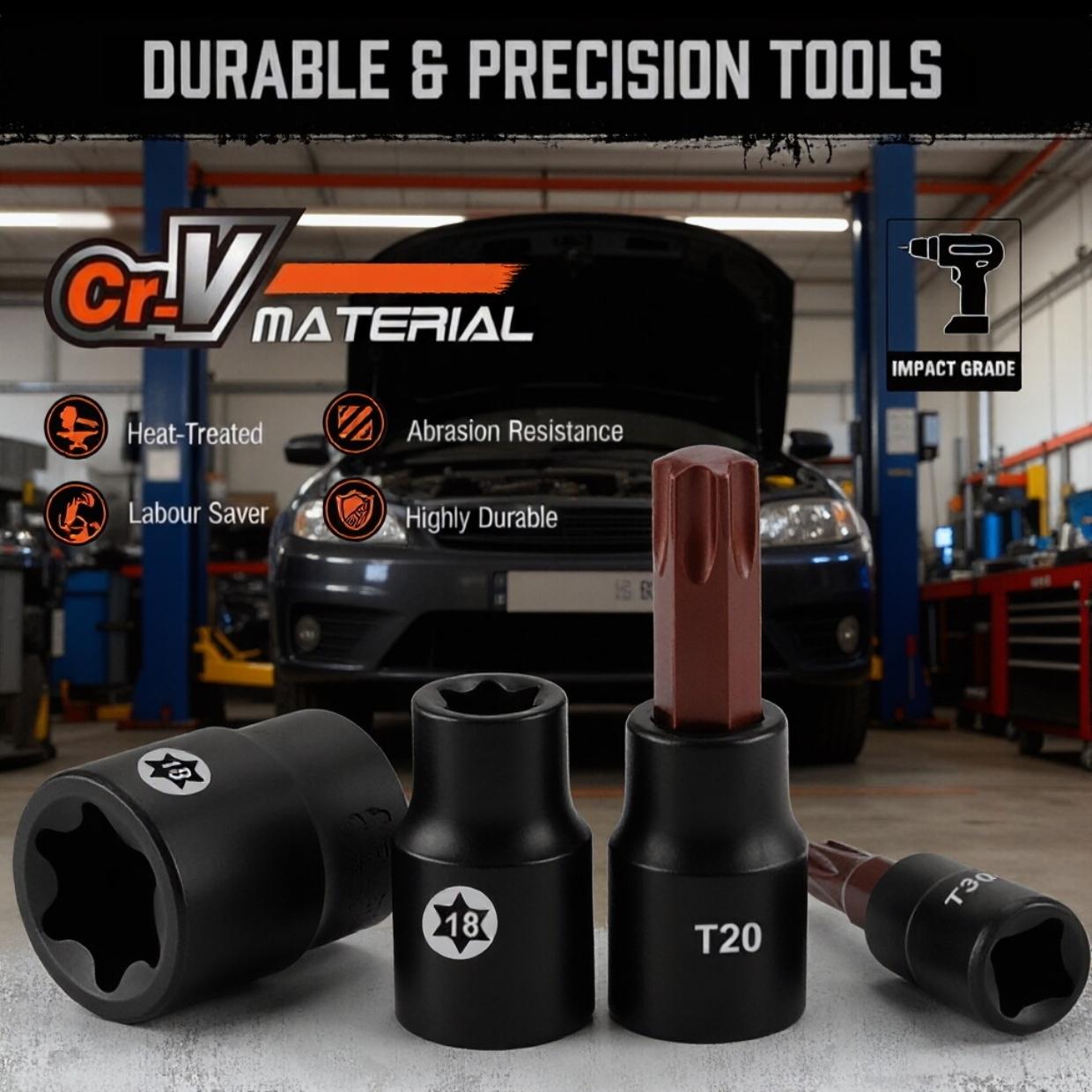 31-Piece Torx Bit Socket and External Torx Socket Set，E-Type Sockets, Torx Sockets, External Torx (T30, T40, T50), Internal Torx (E8, E10, E12, E14), and Torx Bits